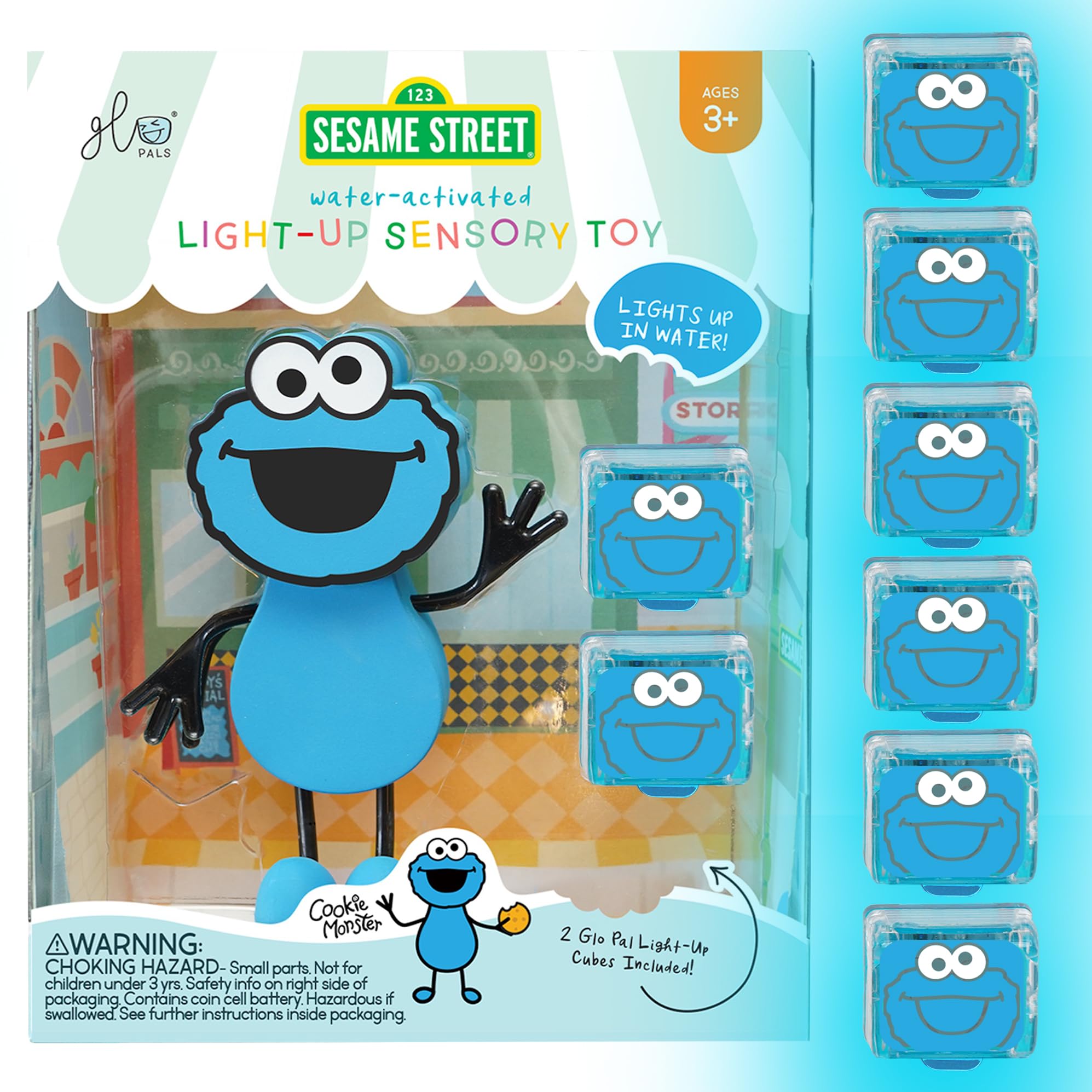 Glo Pals Julia water-activated cube lights up during bath time sensory play.