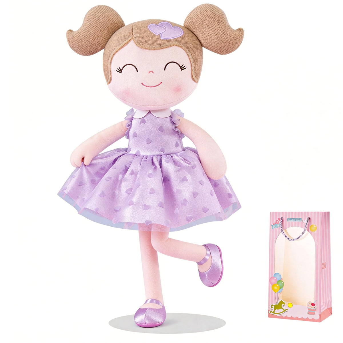 Gloveleya 16-inch baby doll with purple heart gift bag for keepsake gifting.