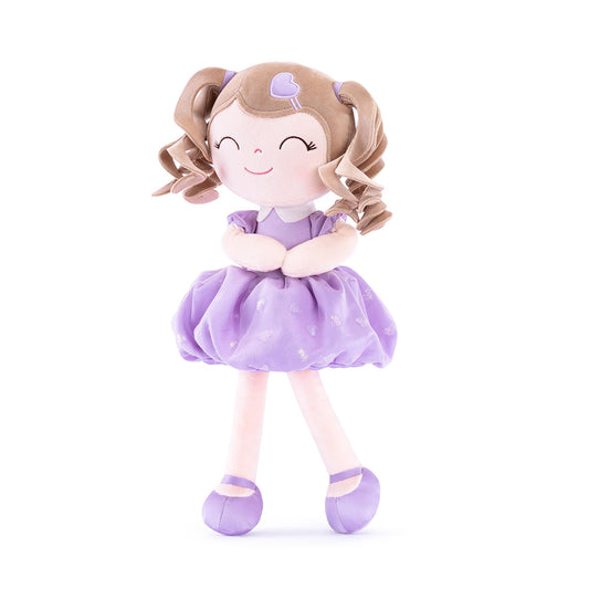 Gloveleya baby doll with curly hair and purple dress; a soft cuddle for imaginative play.