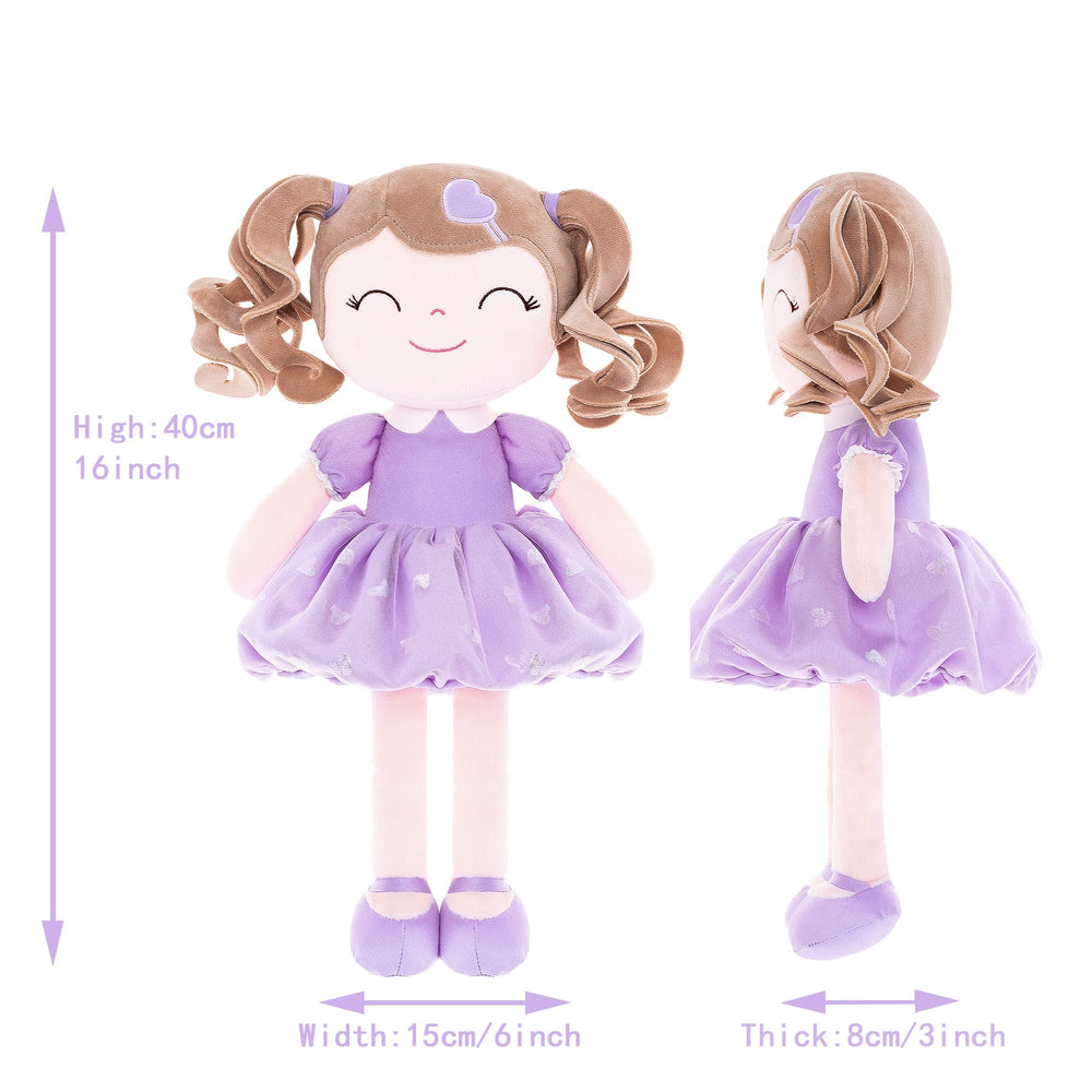 Gloveleya curly-haired doll features an embroidered smile for storytelling and nurturing play.