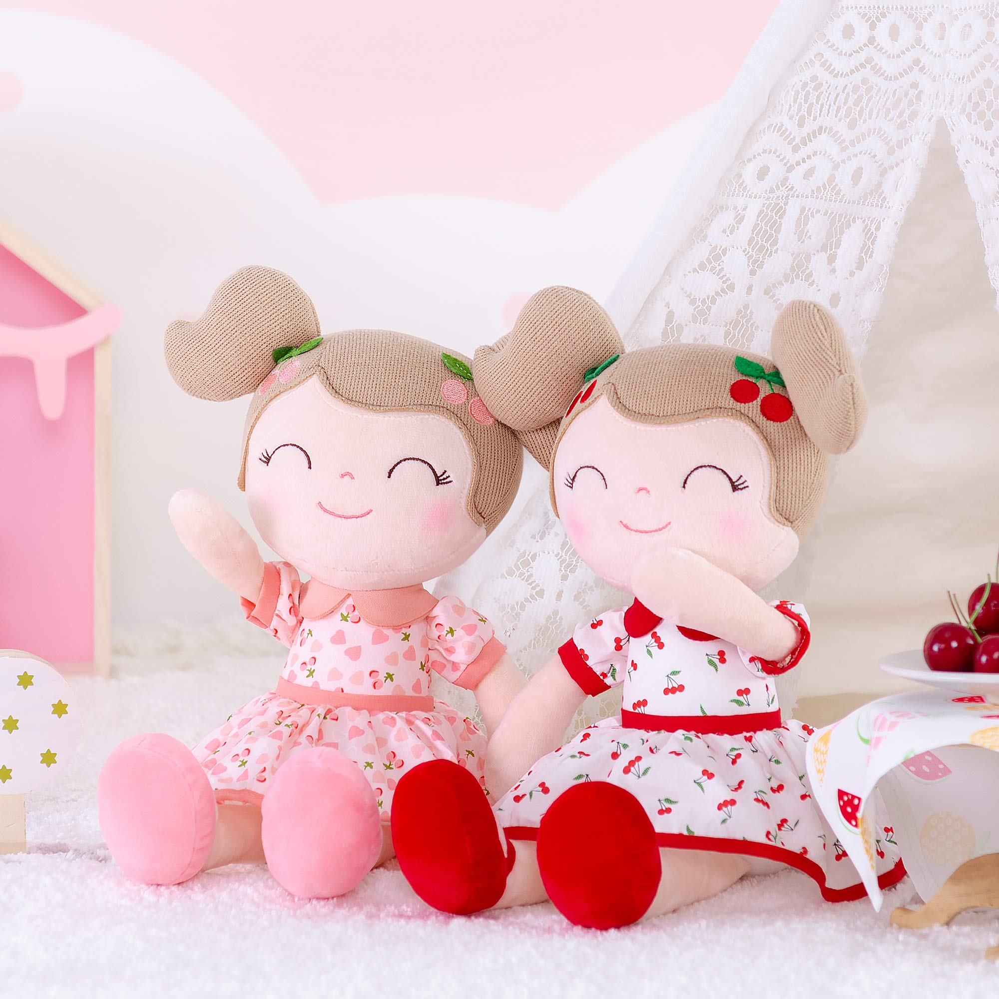 Gloveleya cherry red doll on a shelf adds cheerful nursery decor