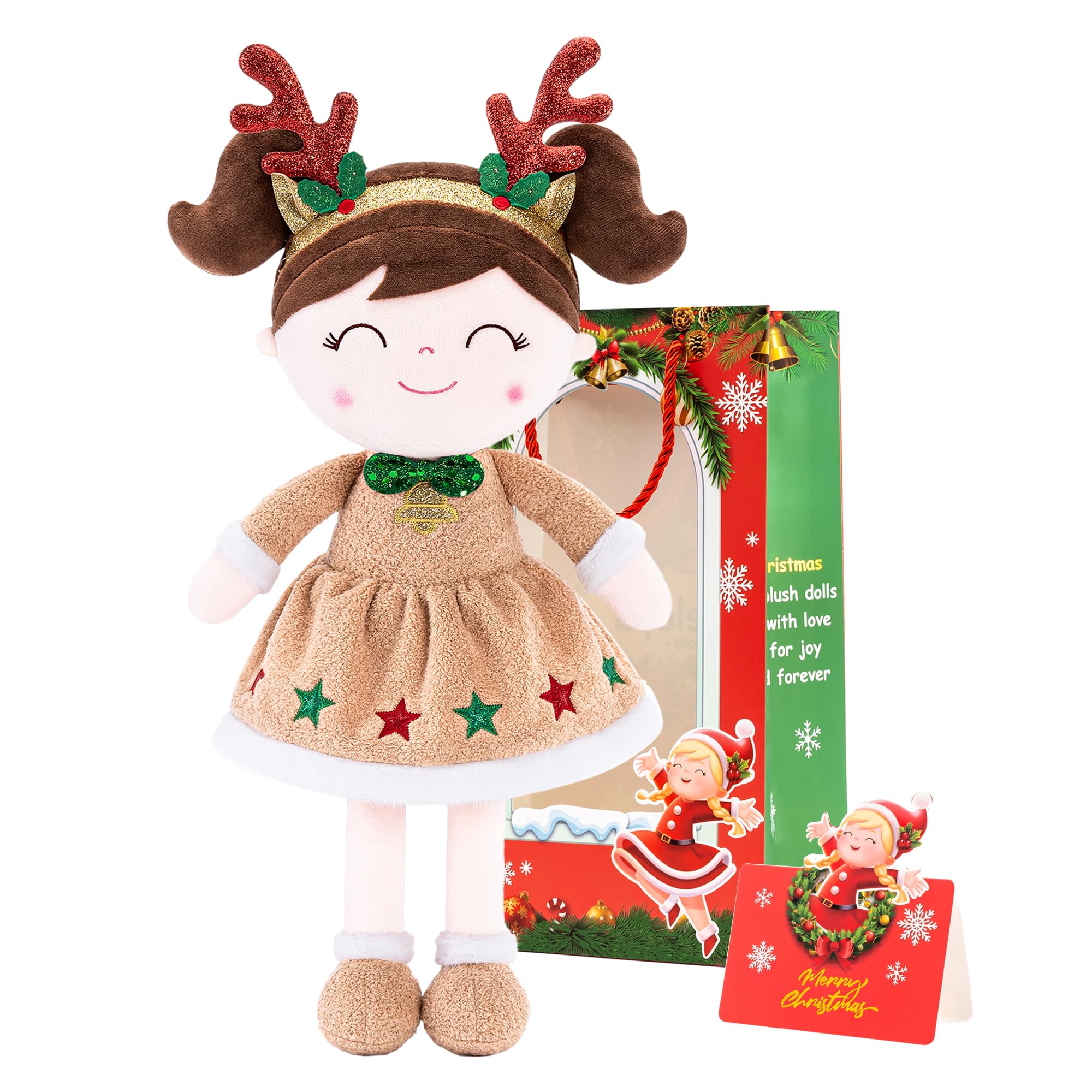 Gloveleya Christmas Reindeer Girl Plush Doll seen full view ready for hugs