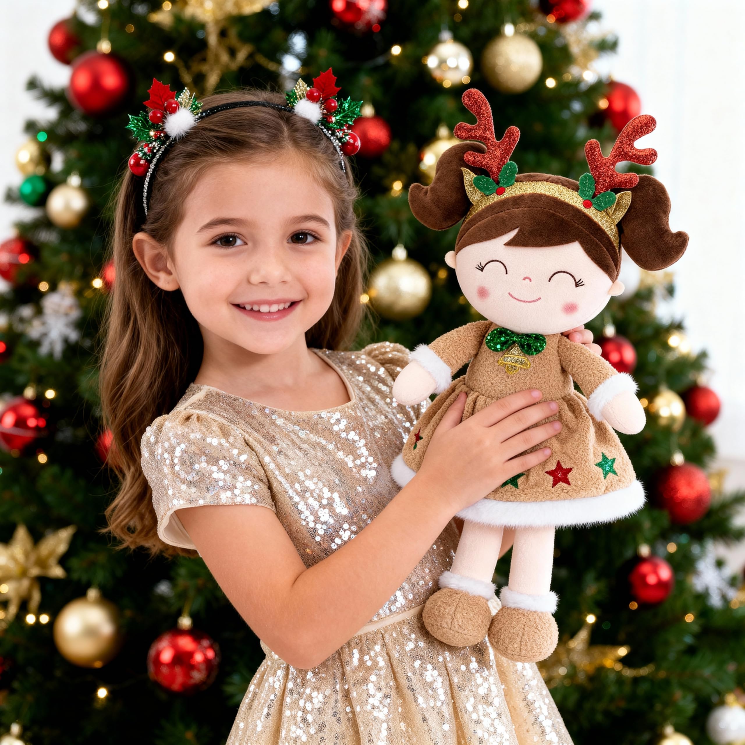 Gloveleya Christmas Reindeer Girl with green headband as holiday accent
