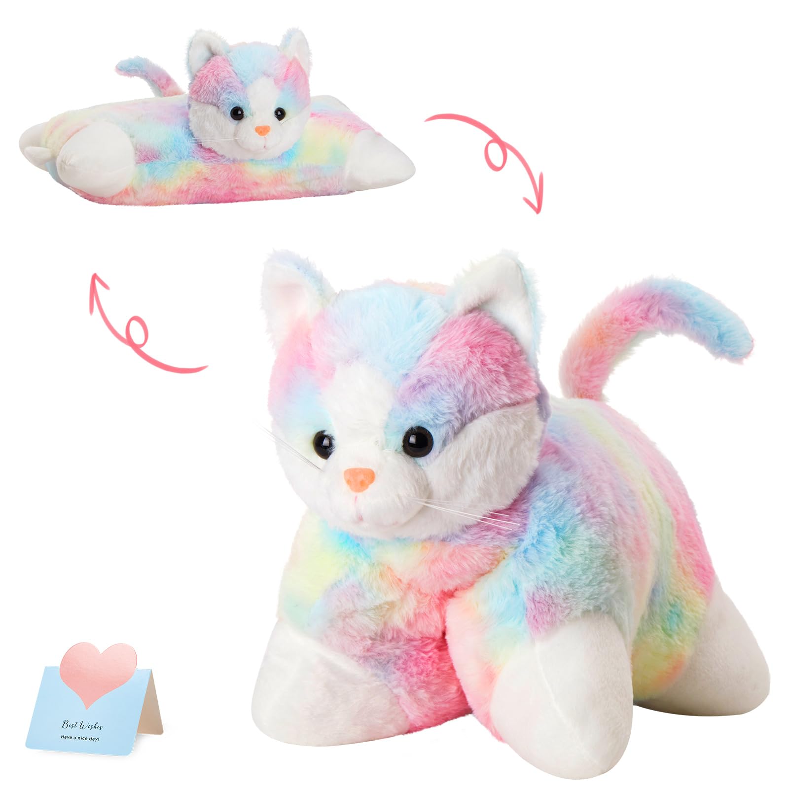 Glow Guards 16-inch rainbow cat pillow close-up shows soft plush for cozy hugs.
