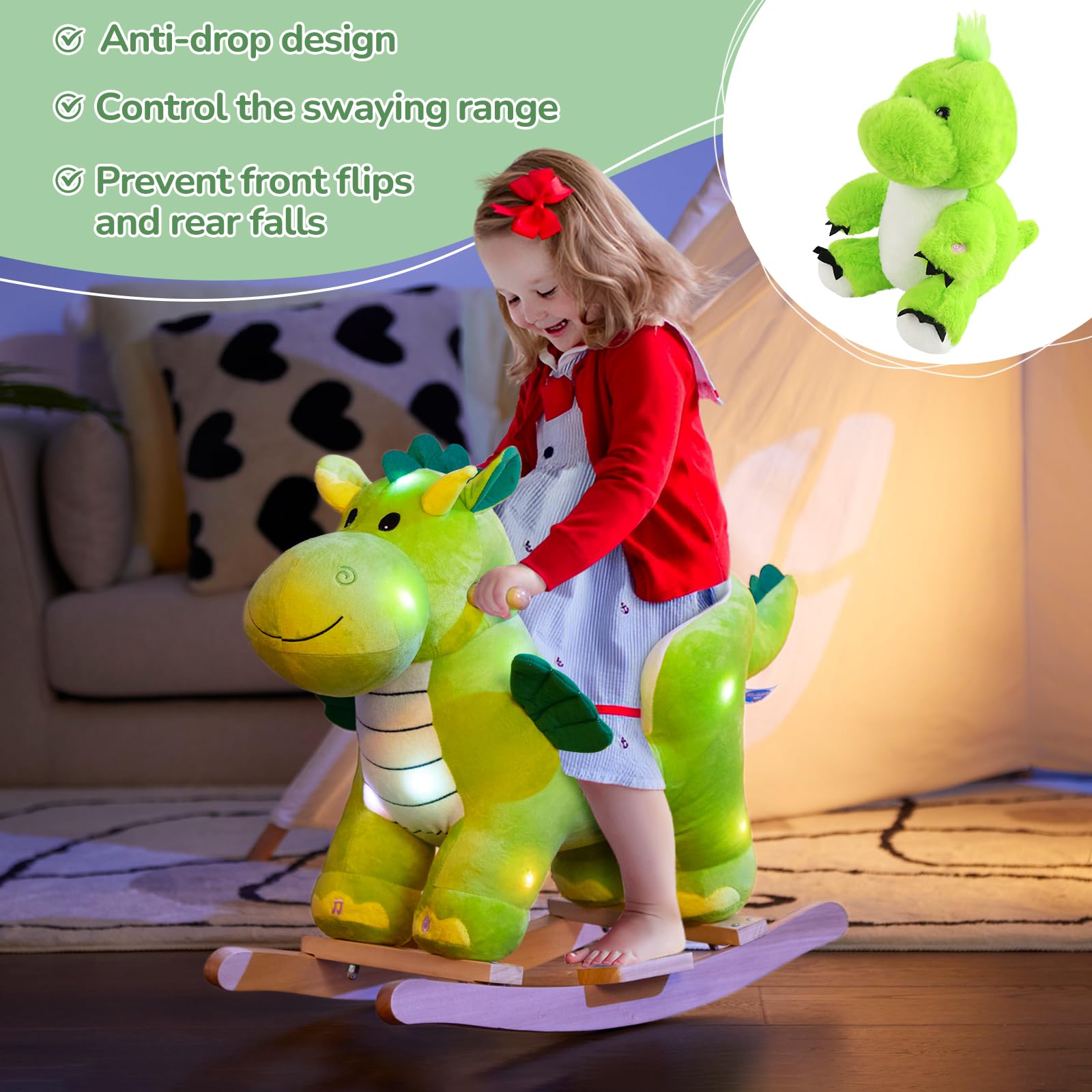 Glow Guards dinosaur rocking horse buttons reveal music and lights control.