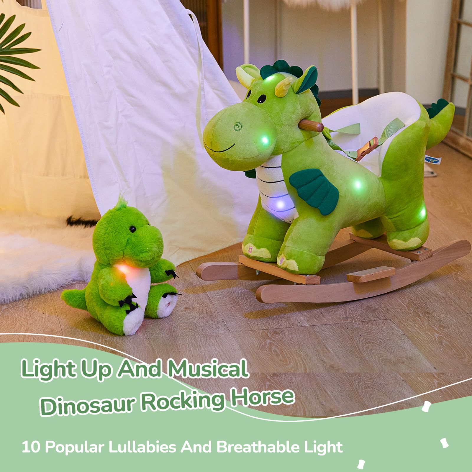 Glow Guards dinosaur rocking horse light show highlights colorful LEDs.