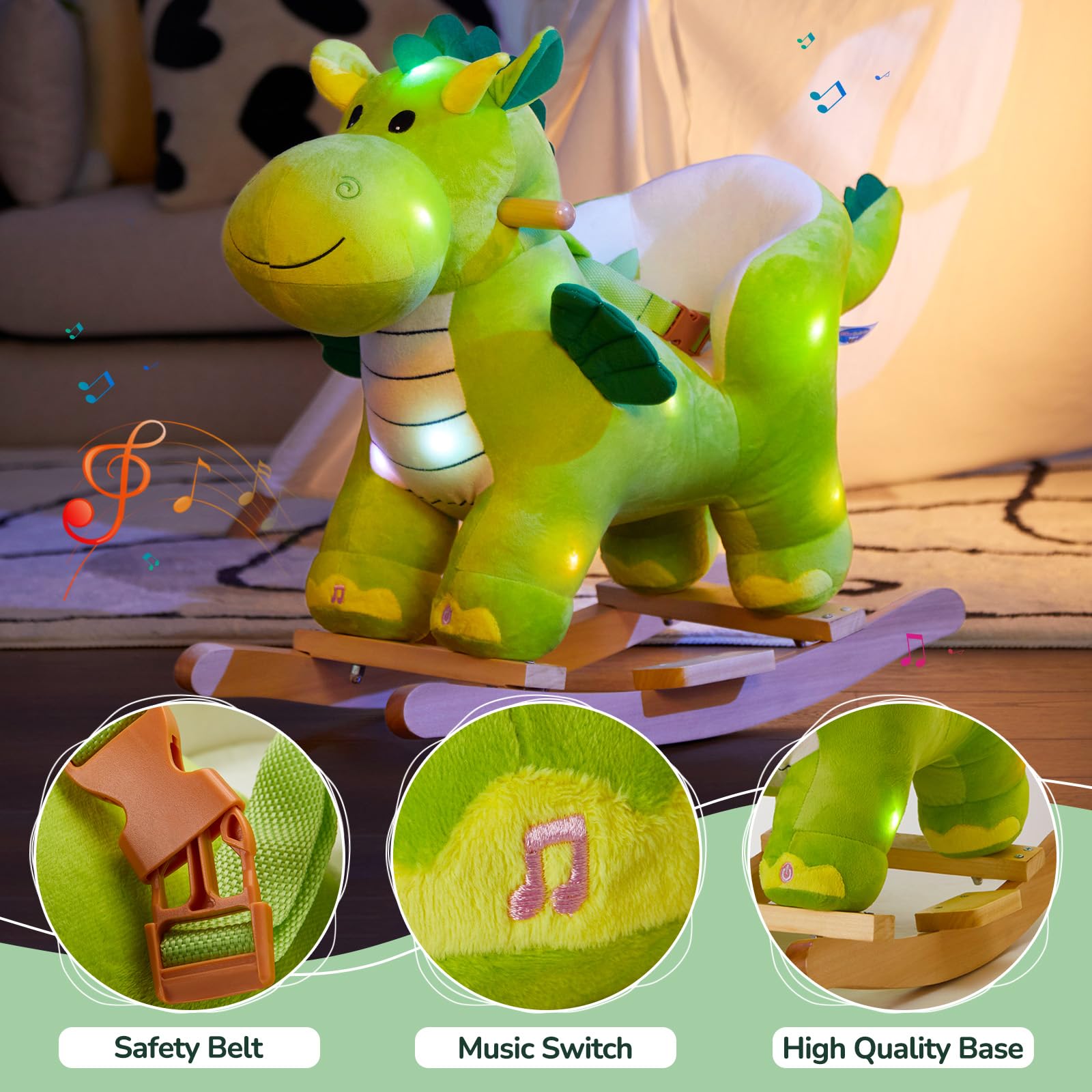 Glow Guards dinosaur rocking horse seat closeup shows plush padding and belt.