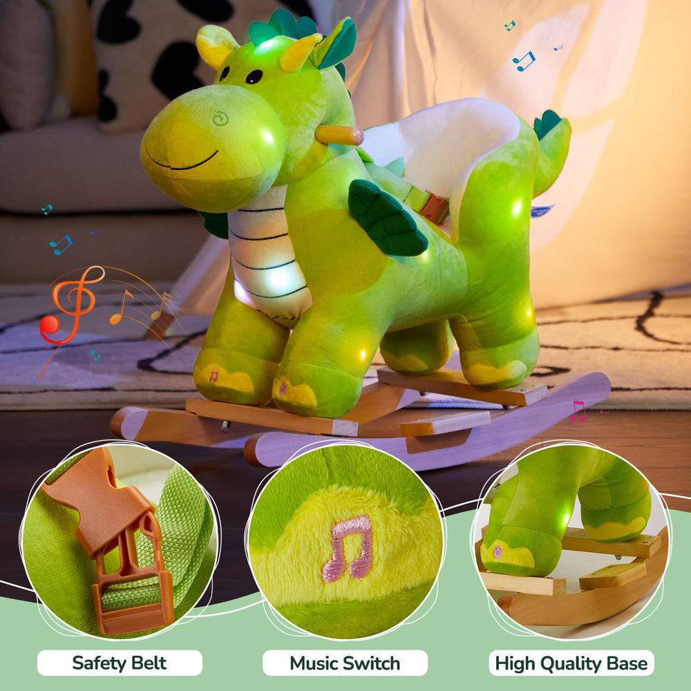 Glow Guards dinosaur rocking horse seat closeup shows plush padding and belt.