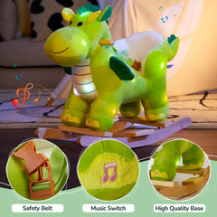 Glow Guards dinosaur rocking horse seat closeup shows plush padding and belt.