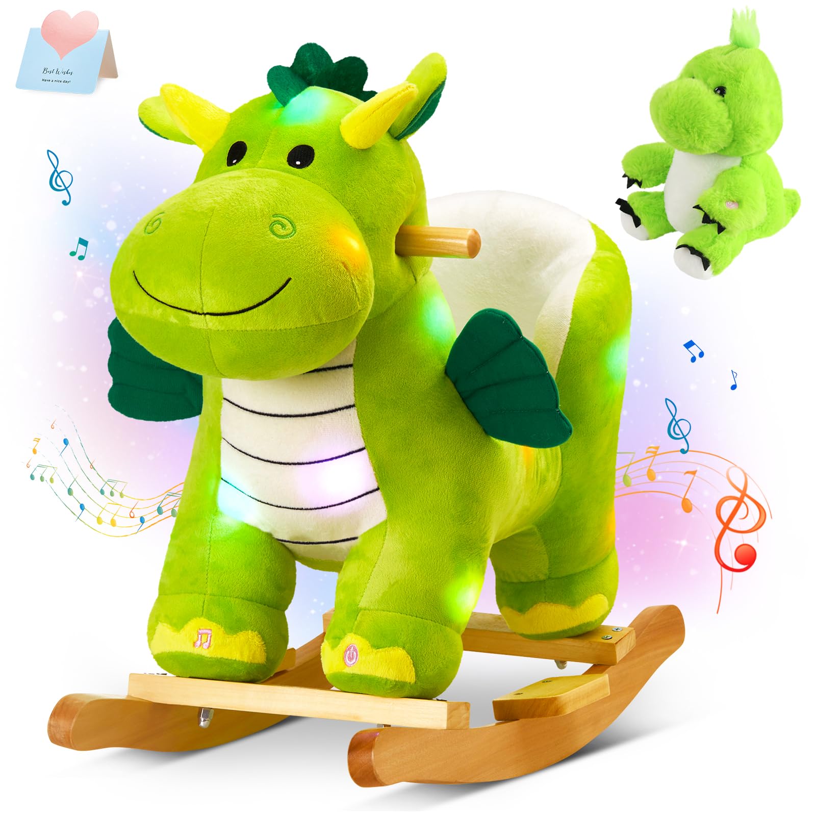 Glow Guards dinosaur rocking horse side view shows sturdy build for toddlers.