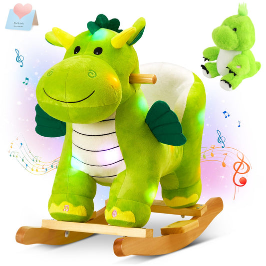 Glow Guards dinosaur rocking horse side view shows sturdy build for toddlers.