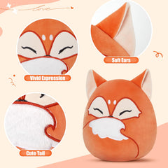 Glow Guards red fox plush pillow in car for travel comfort.