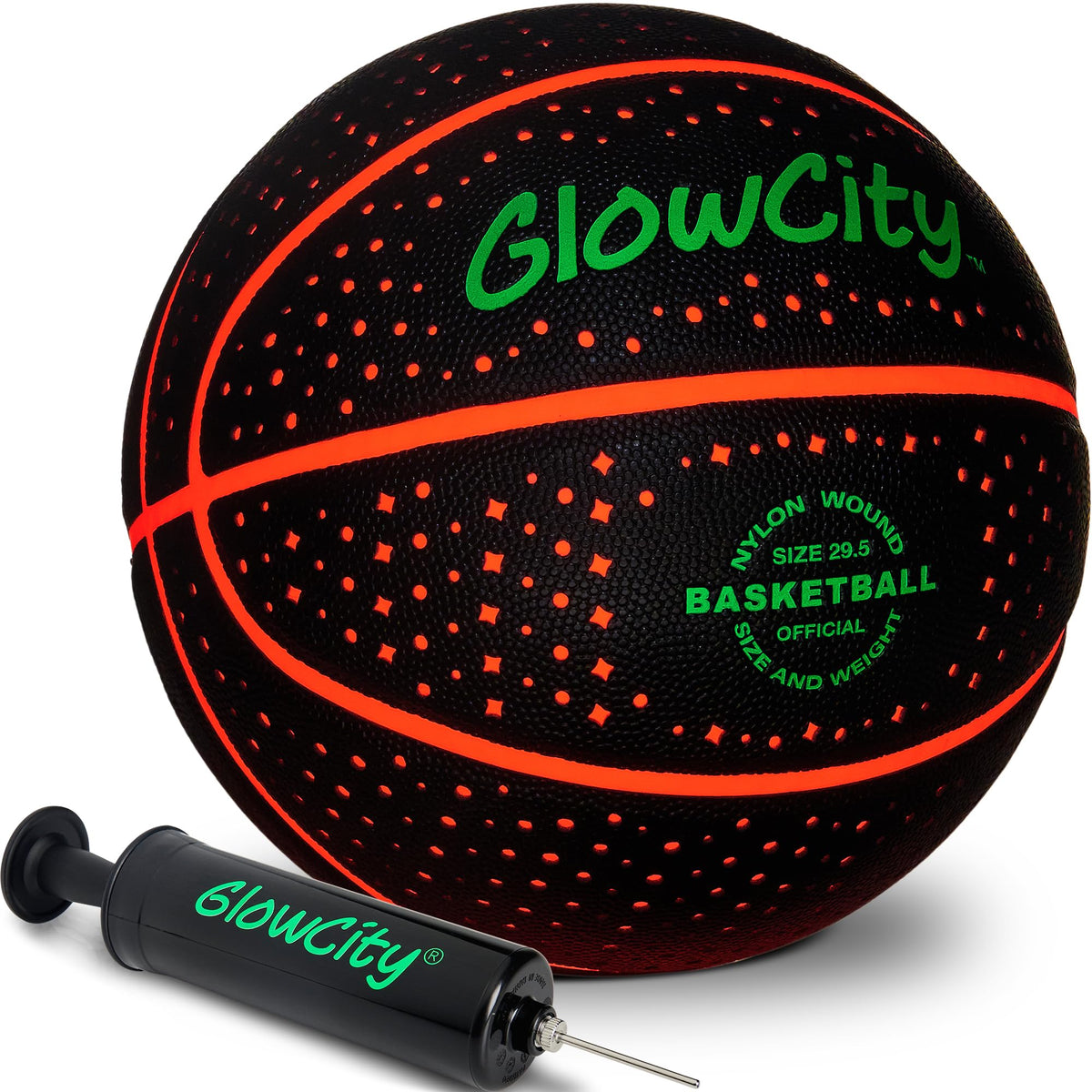 GlowCity glow-dark basketball in red, size 7, ideal for outdoor night games.