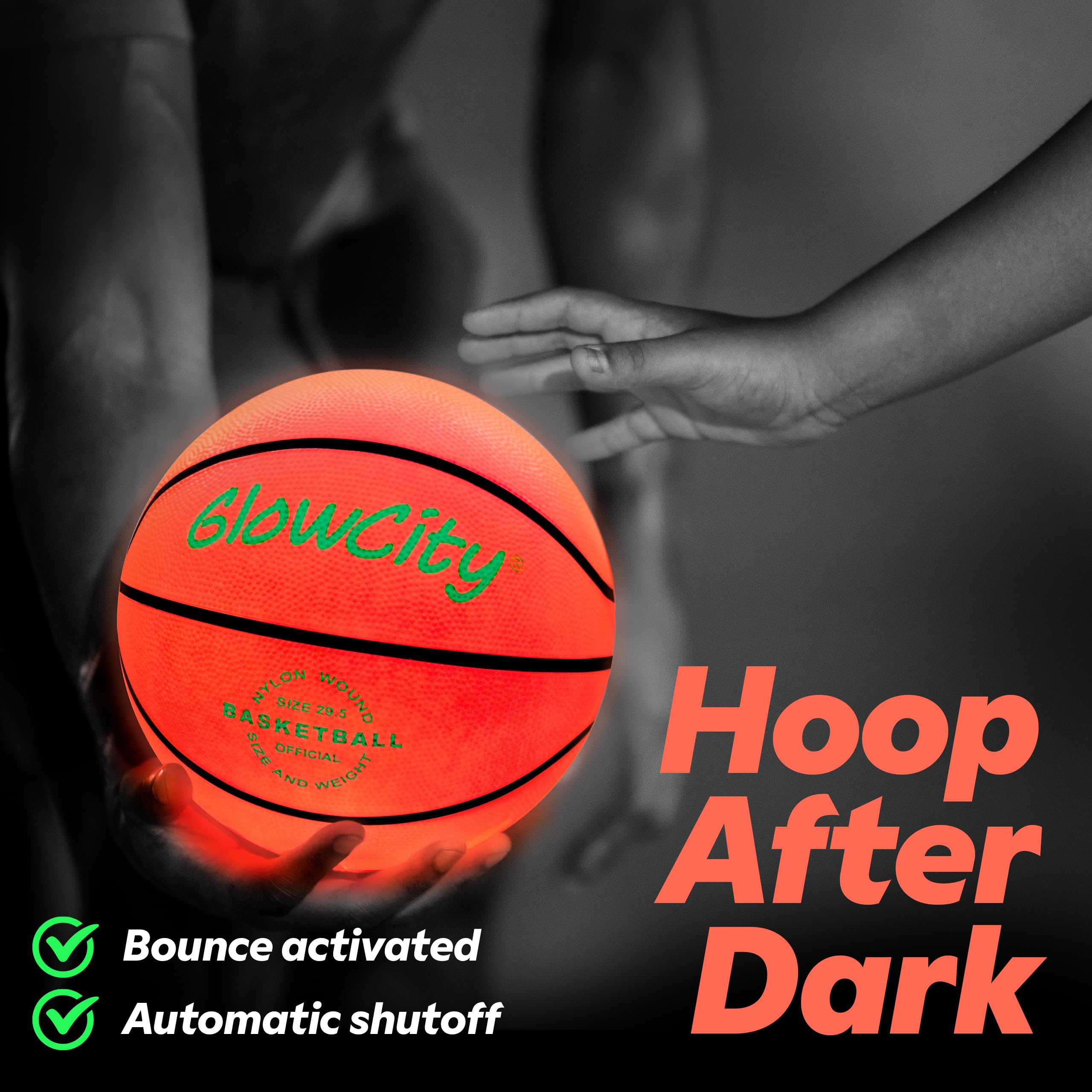 GlowCity LED basketball auto glow on bounce for safer night games.