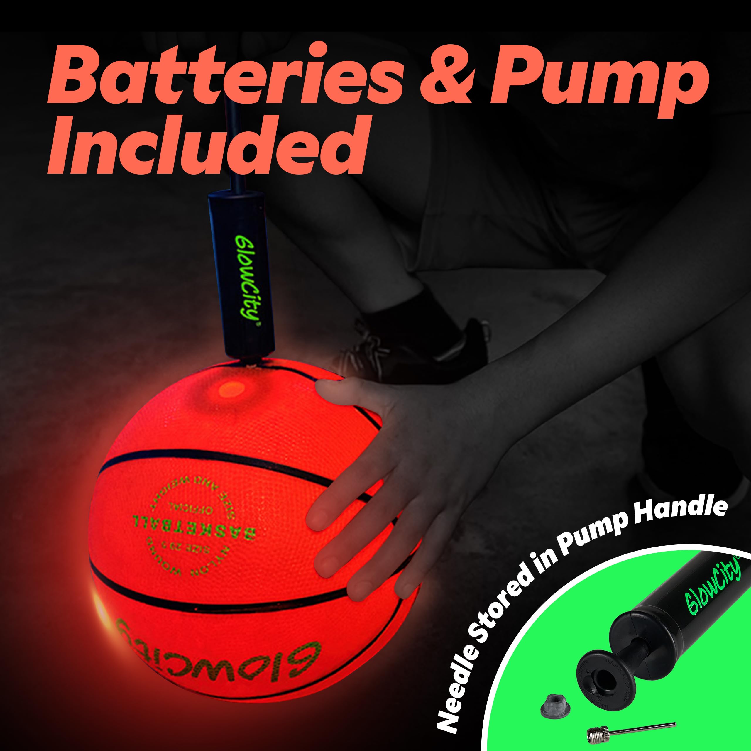 GlowCity night play basketball with bright red glow for outdoor use after dark.