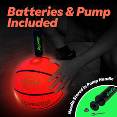 GlowCity night play basketball with bright red glow for outdoor use after dark.