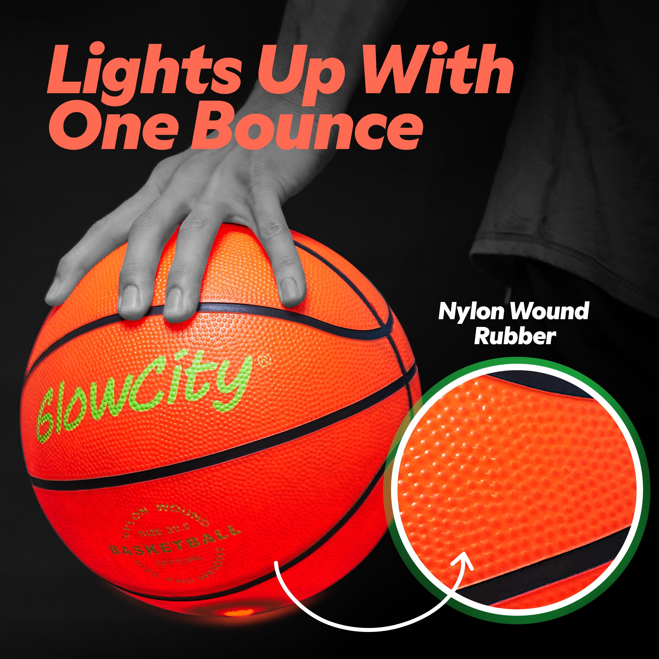 GlowCity water-resistant rubber exterior protects the glow basketball during outdoor play.