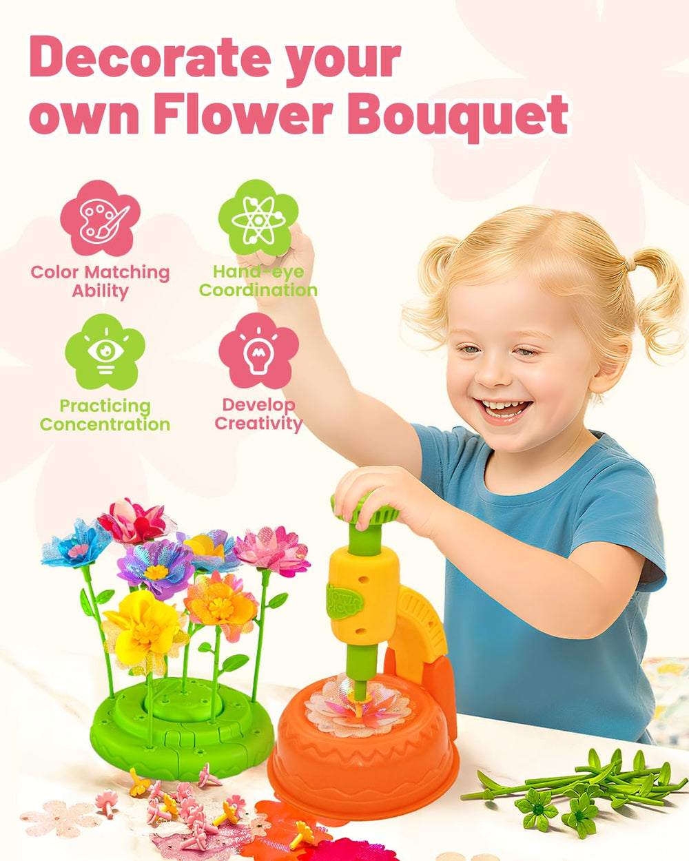 Close-up of petals, centers, and stems from Glowsprout set showing 190+ pieces for building.