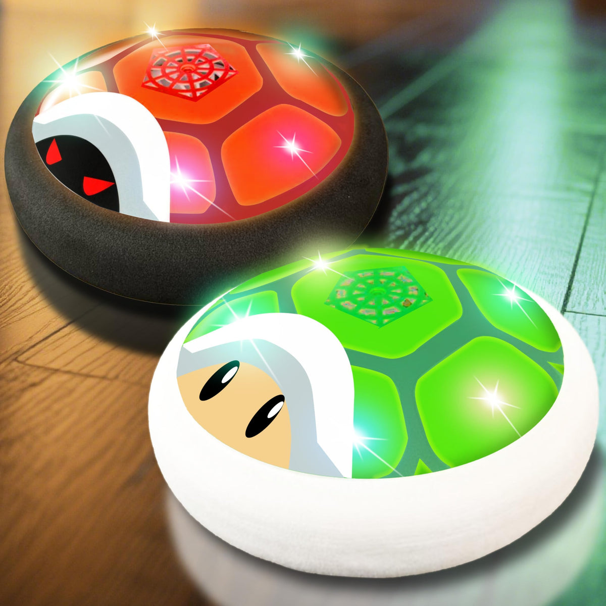 Glückpa hover soccer ball in green with LED lights for indoor fun.