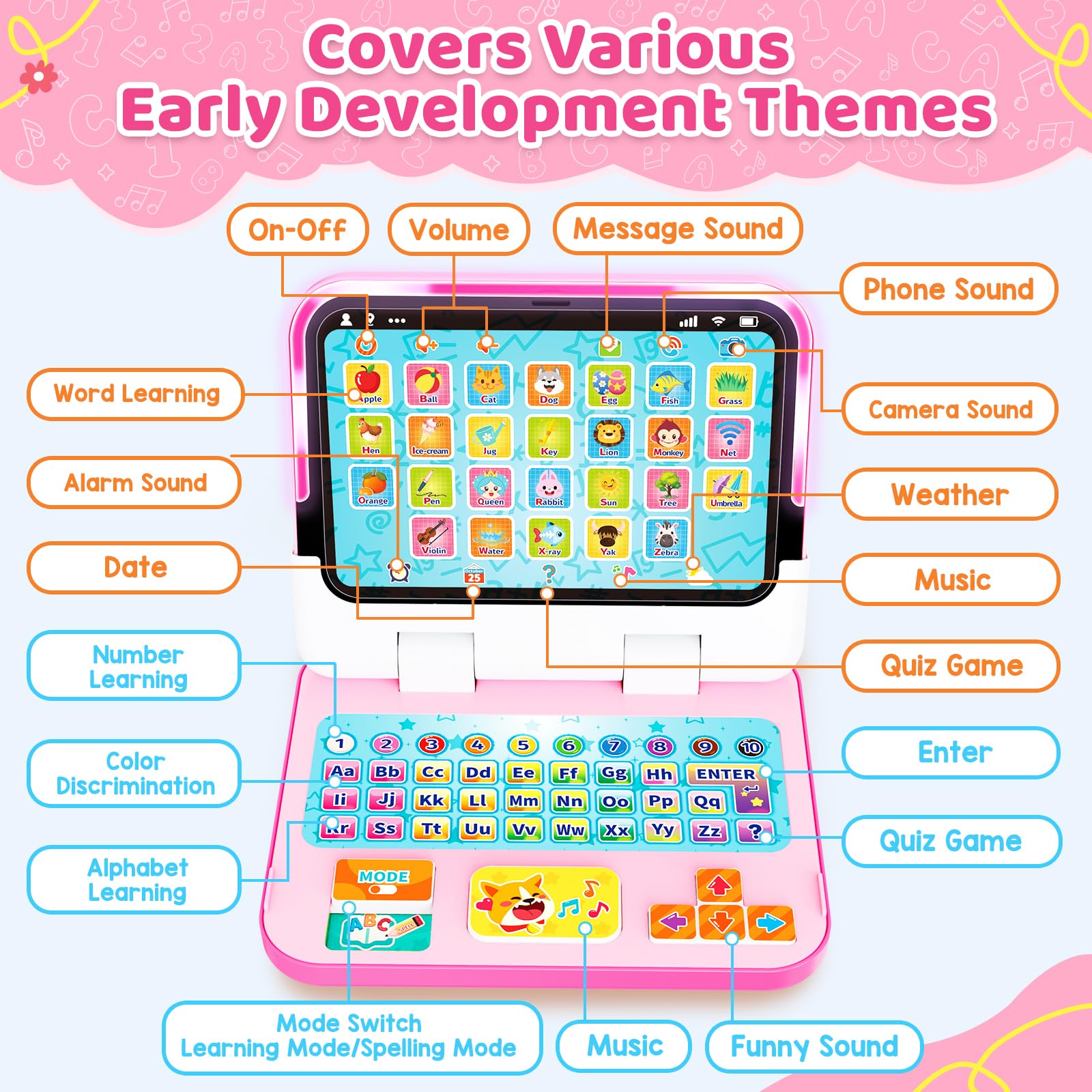 GMAOPHY learning laptop with interactive modes for spelling, quizzes, and memory