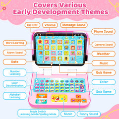 GMAOPHY learning laptop with interactive modes for spelling, quizzes, and memory