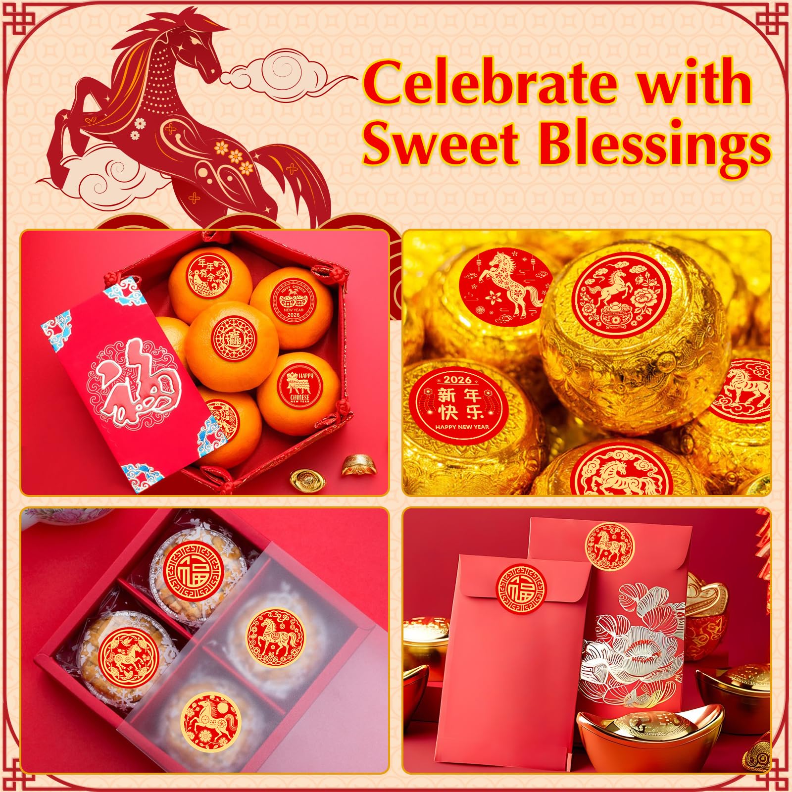 GMEMNOV golden coins and lanterns motif stickers ideal for red envelopes and party favors