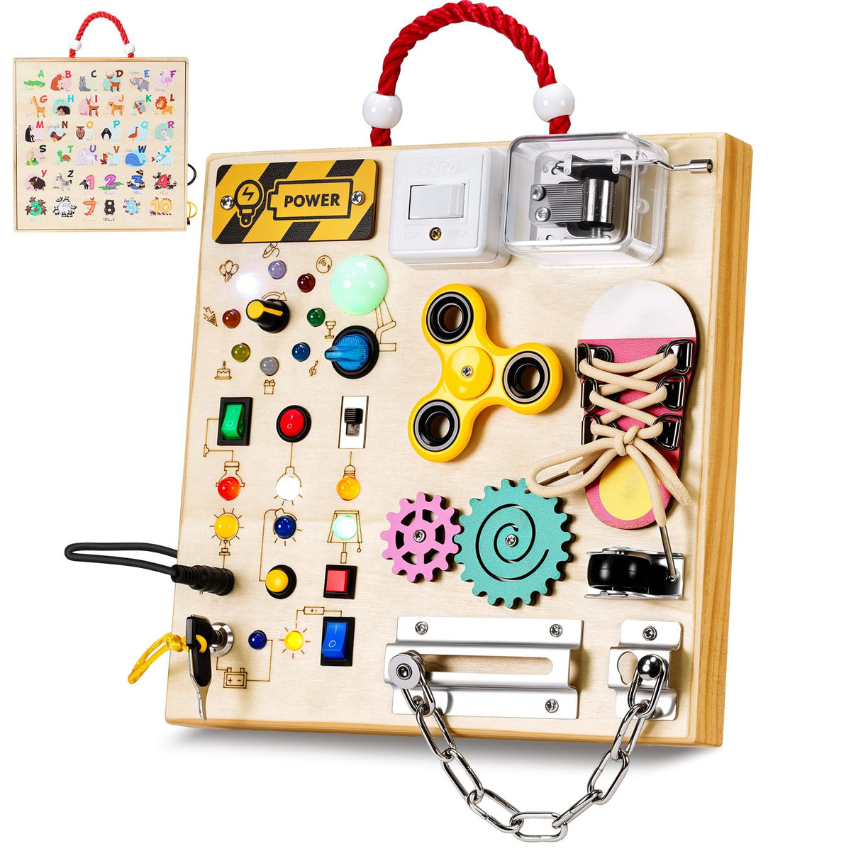 GNAYUIJ Montessori Busy Board with LED switches for fine motor skill development during play
