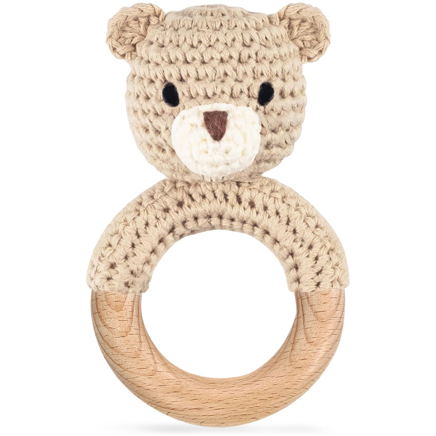 Gnigpclo crochet bear rattle in soft beige, a gentle sensory toy for newborns