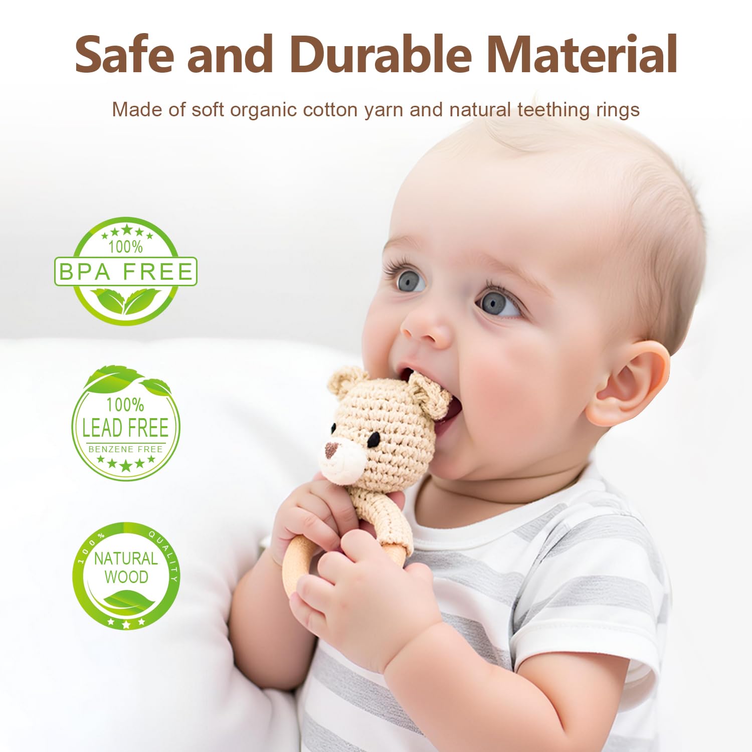 Gnigpclo wooden teething ring with crochet bear rattle for soothing gums