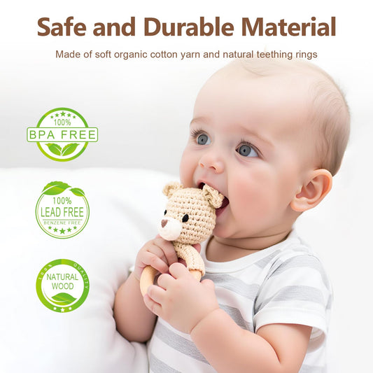 Gnigpclo wooden teething ring with crochet bear rattle for soothing gums