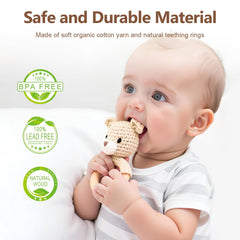 Gnigpclo wooden teething ring with crochet bear rattle for soothing gums
