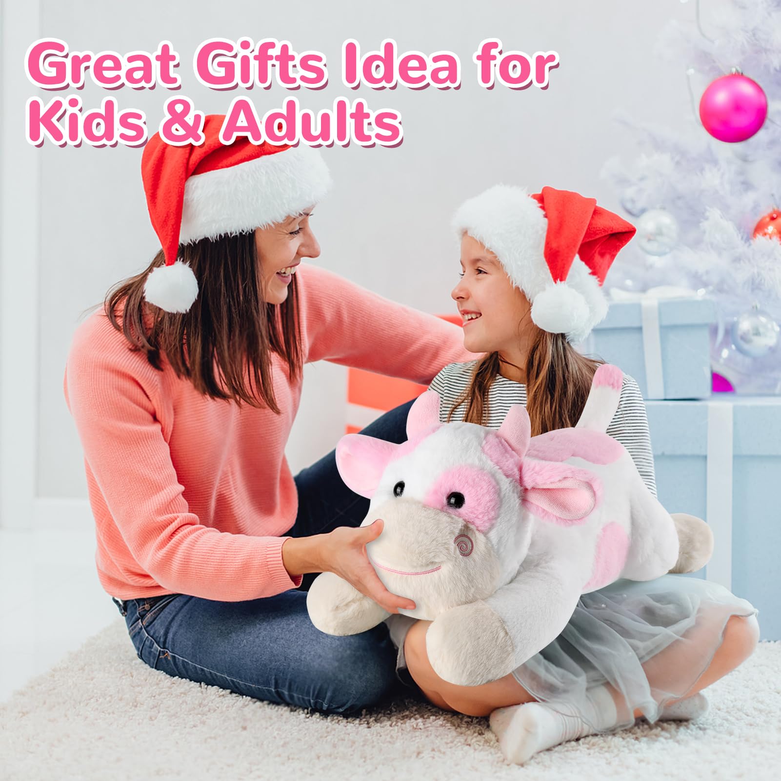 Gnomantic adults relaxing with cow weighted stuffed animal as a bedtime buddy