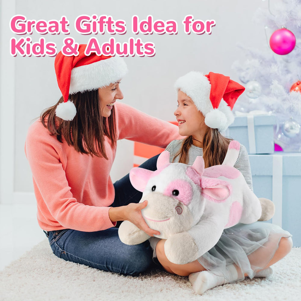 Gnomantic adults relaxing with cow weighted stuffed animal as a bedtime buddy