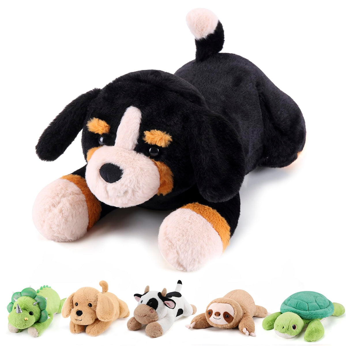Gnomantic Bernese Mountain Dog weighted plush in pose offers cozy comfort for all ages.