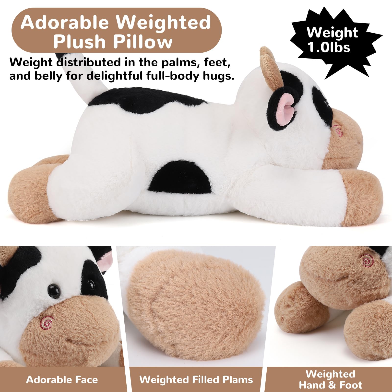Gnomantic cow weighted stuffed animal snuggle time in bed showing comforting morning routine.