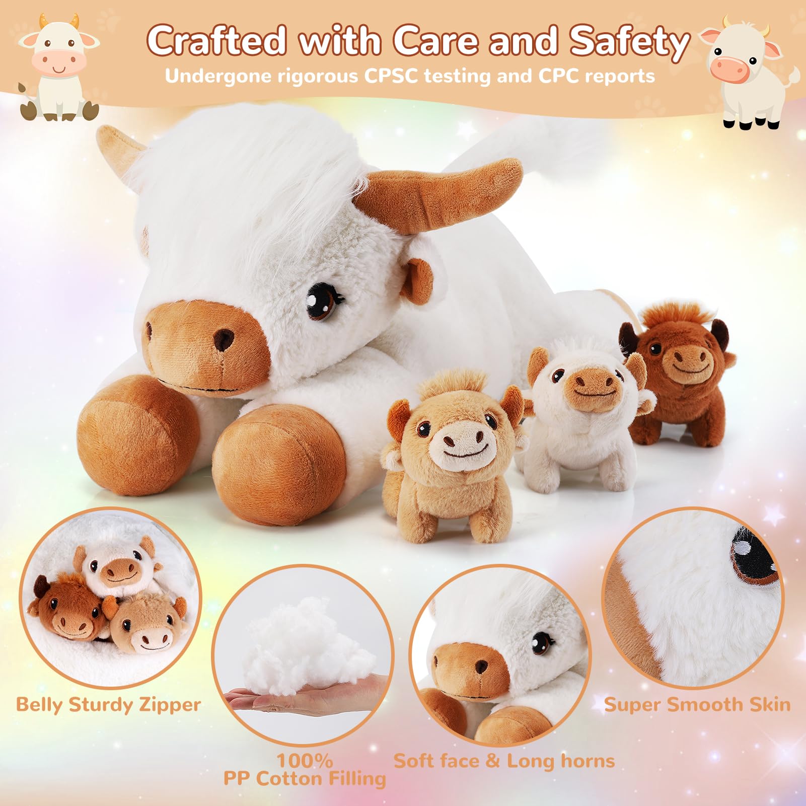 gnomantic Highland Cow baby white plush, bright eyes for bedtime storytelling