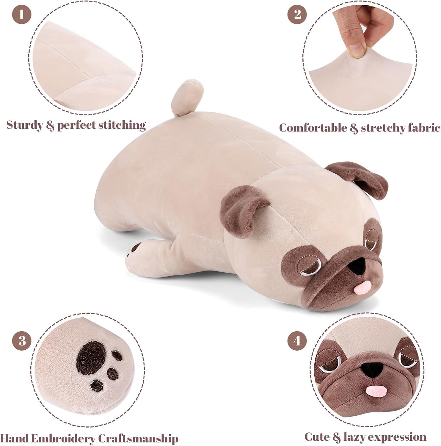 Gnomantic pug weighted plush hugging a child, promoting calm and cozy security.