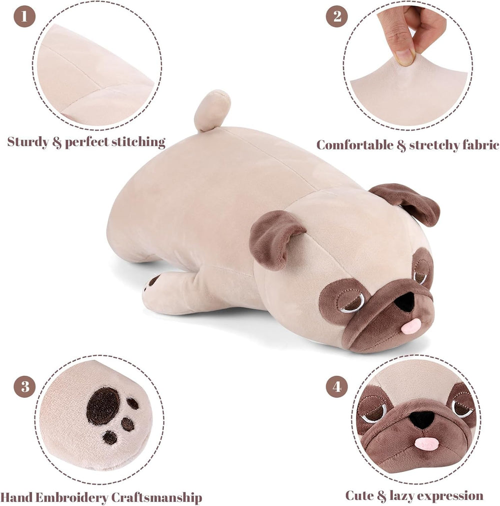 Gnomantic pug weighted plush hugging a child, promoting calm and cozy security.
