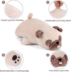 Gnomantic pug weighted plush hugging a child, promoting calm and cozy security.