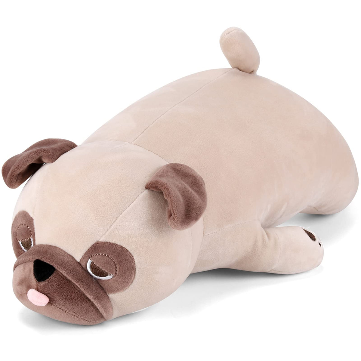 Gnomantic pug weighted stuffed animal resting on a cozy bed for comforting snuggles.