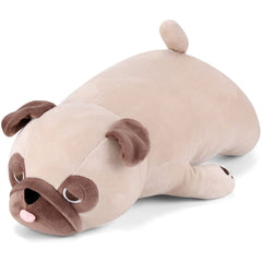Gnomantic pug weighted stuffed animal resting on a cozy bed for comforting snuggles.
