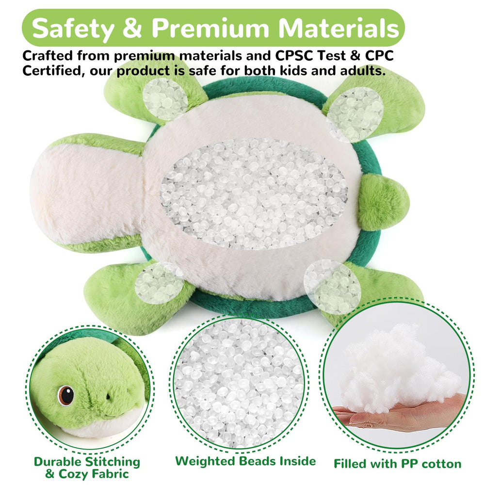 gnomantic turtle weighted plush child hugging the toy