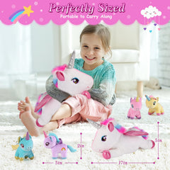Gnomantic unicorn babies in pink blue purple yellow, bright-eyed companions.