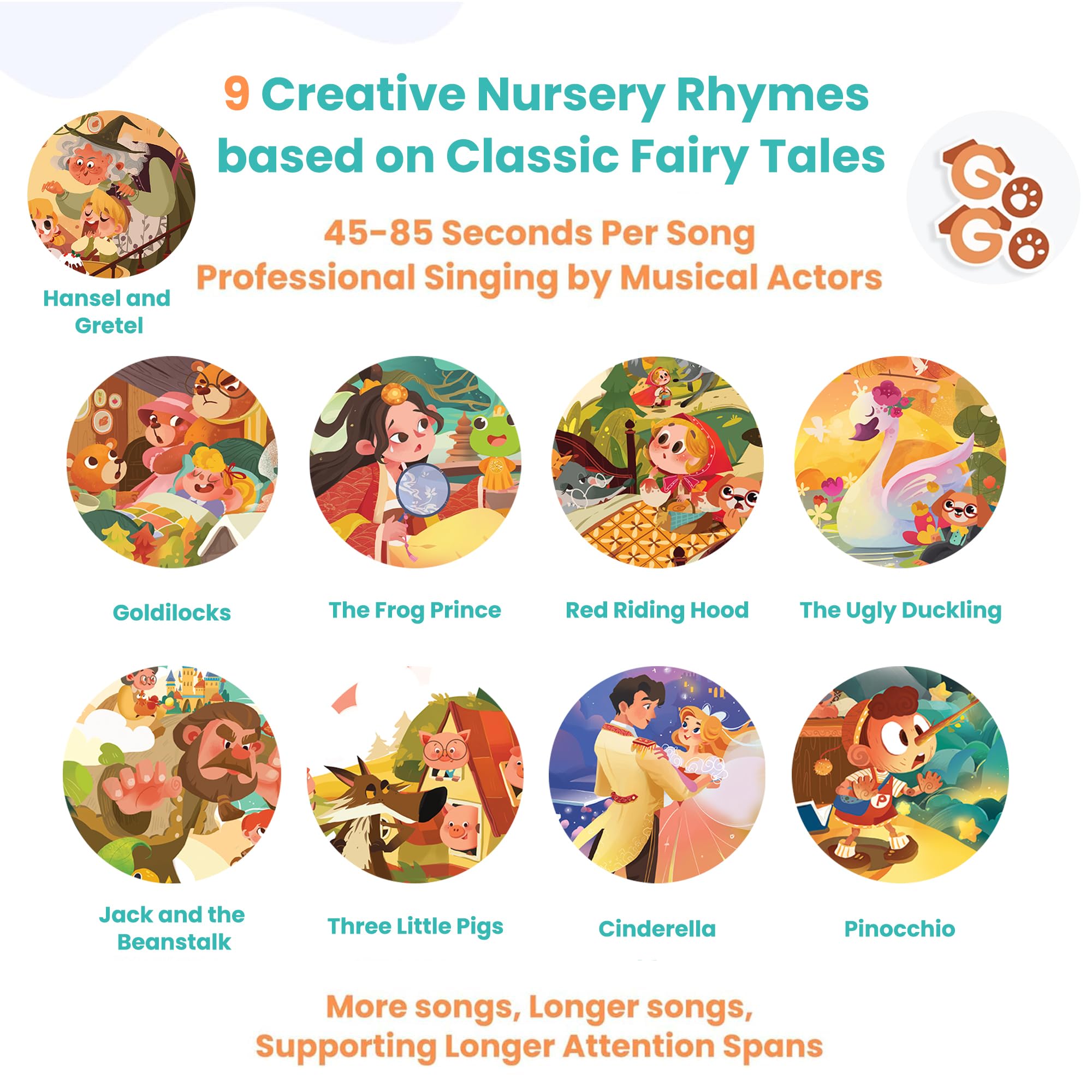 GO GO 9 Fairy Tale Songs playful scenes accompany each track for immersive listening.