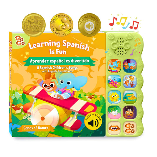 GO GO Spanish Musical Book Vol. 2 cover with vibrant art for toddlers.