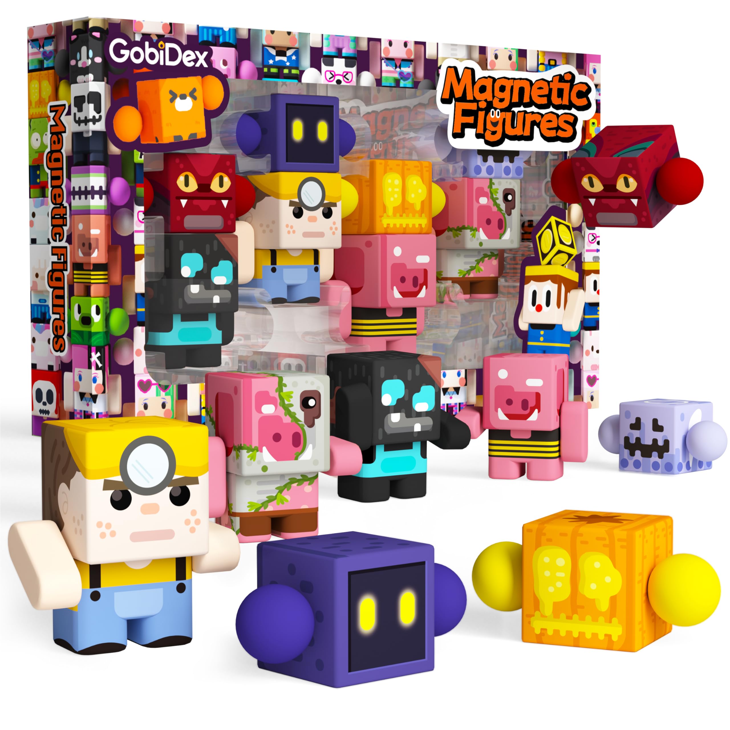 GobiDex 8-pcs magnetic action figures pack for expanding magnetic block worlds.