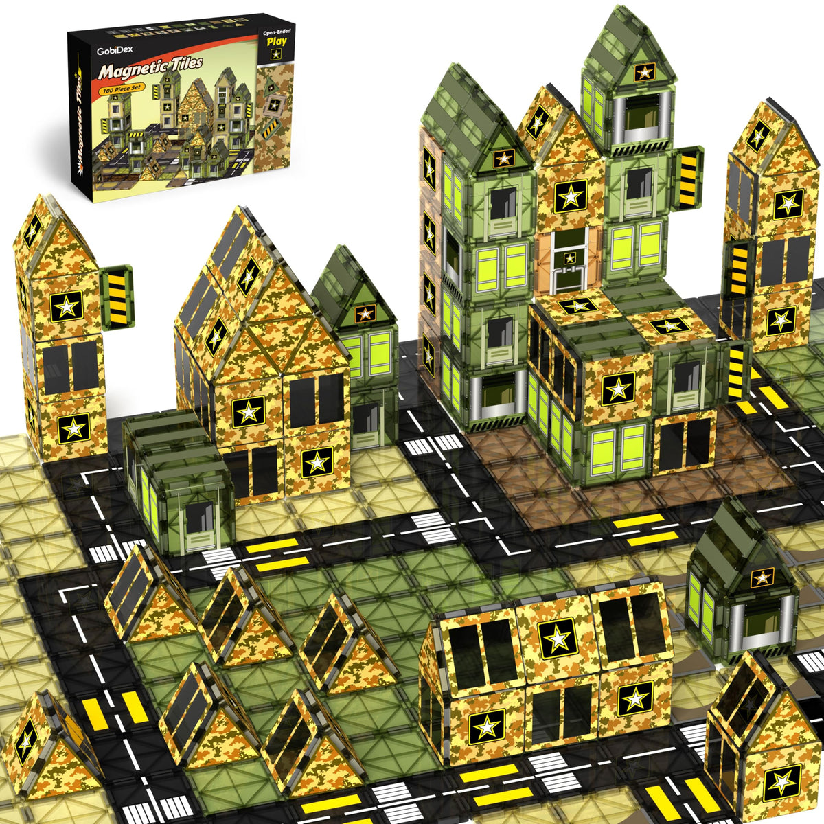 GobiDex army magnetic tiles 100pcs, versatile for imaginative base building and STEM play.