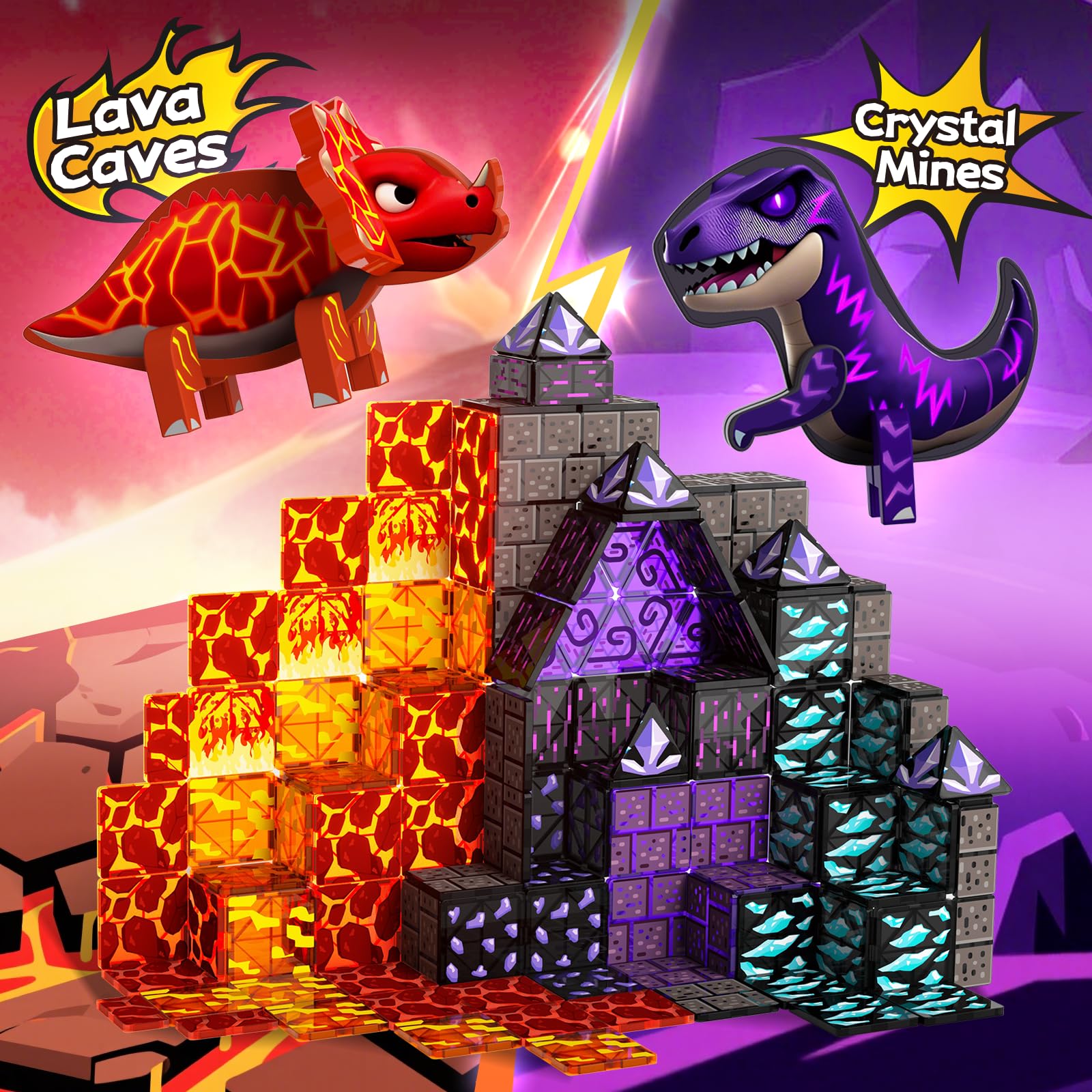 GobiDex dinosaur figures with magnetic feet for stable connections.