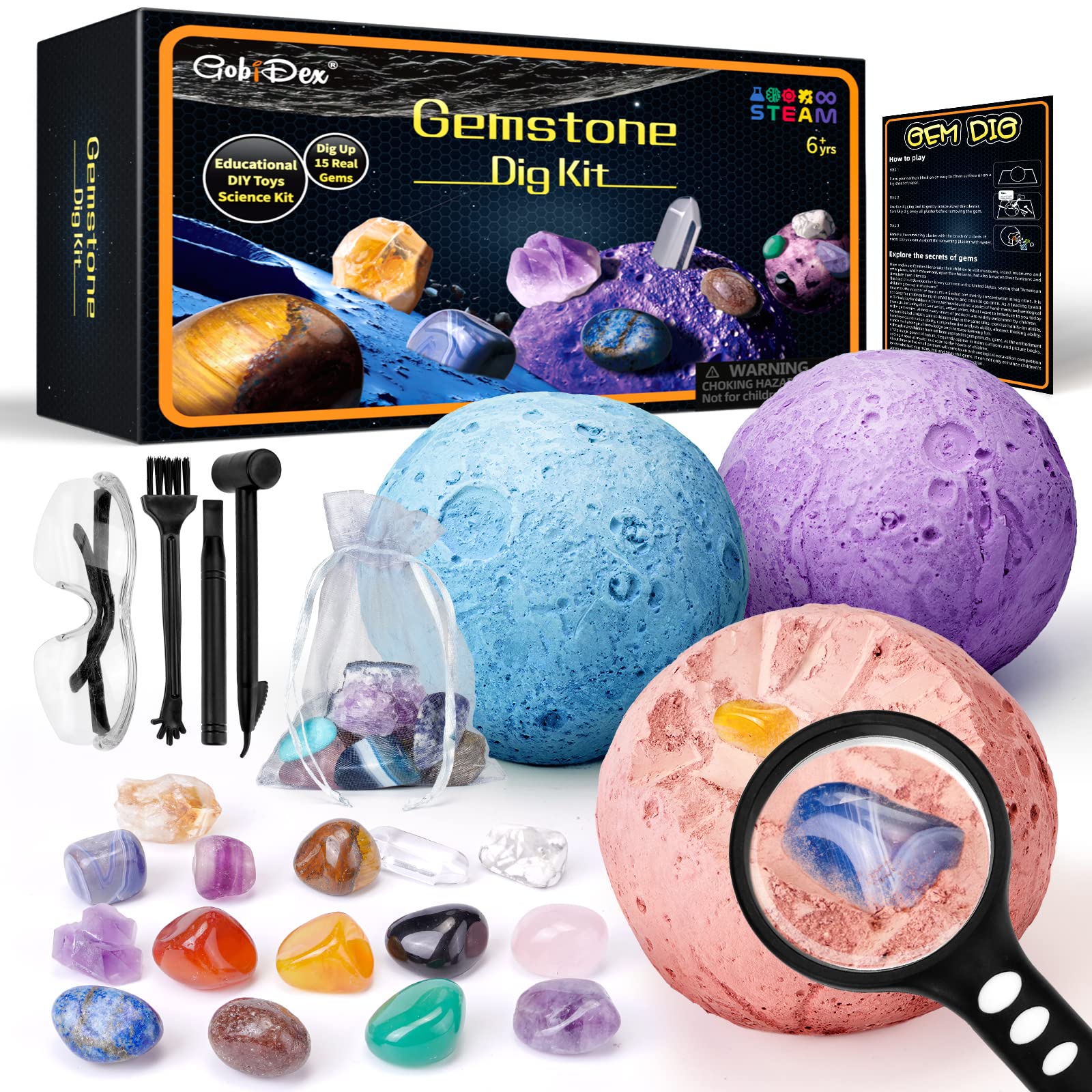 GobiDex Gemstones Dig Kit tools for excavation, encouraging hands-on exploration.