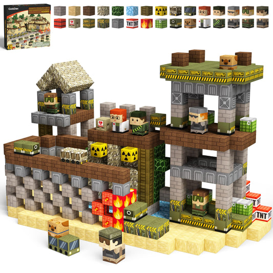 GobiDex magnetic blocks assemble an army base for imaginative battle-ready layouts.